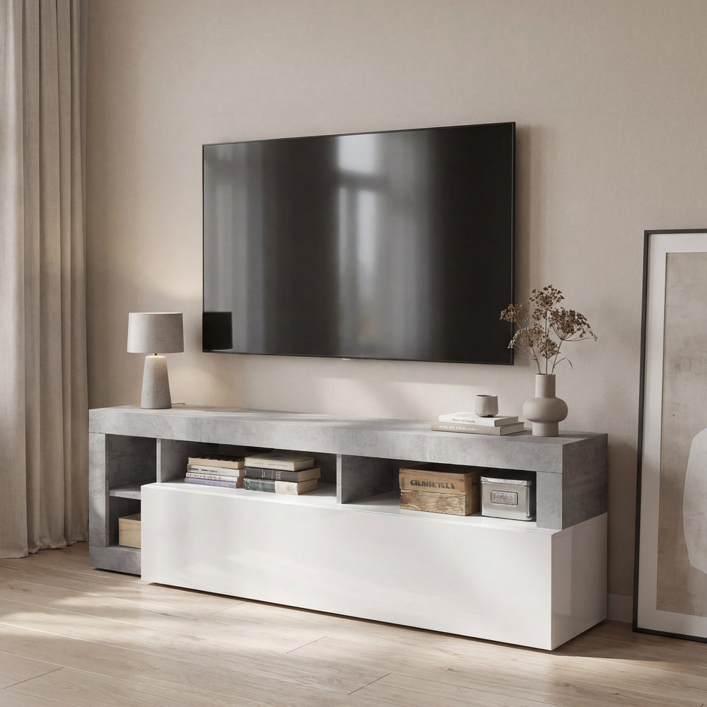 Lorenzo 184cm White Gloss and Concrete Grey TV Stand - FurniComp