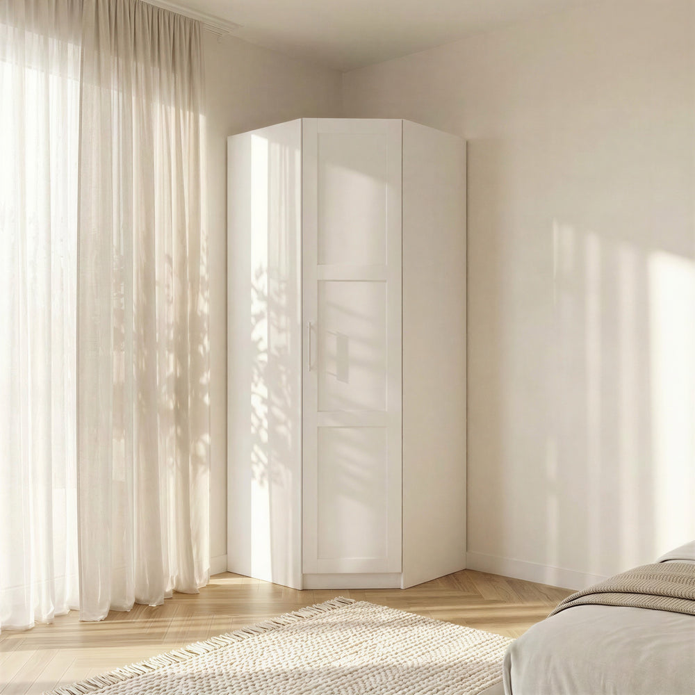 Denver 1 Door White Panelled Corner Wardrobe - FurniComp