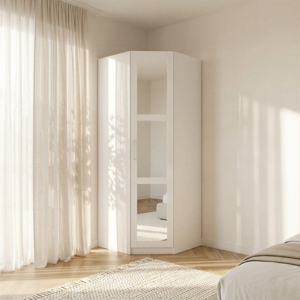 Denver 1 Door White Mirrored Panelled Corner Wardrobe - FurniComp