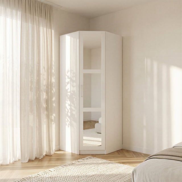 Denver 1 Door White Mirrored Panelled Corner Wardrobe - FurniComp