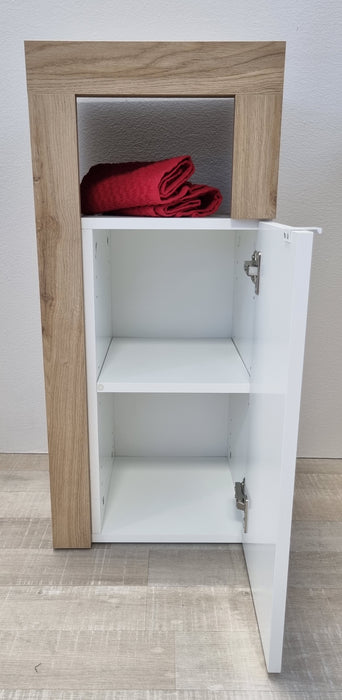 Lorenzo 1 Door White Gloss and Cadiz Oak Small Bathroom Storage Cabinet - FurniComp