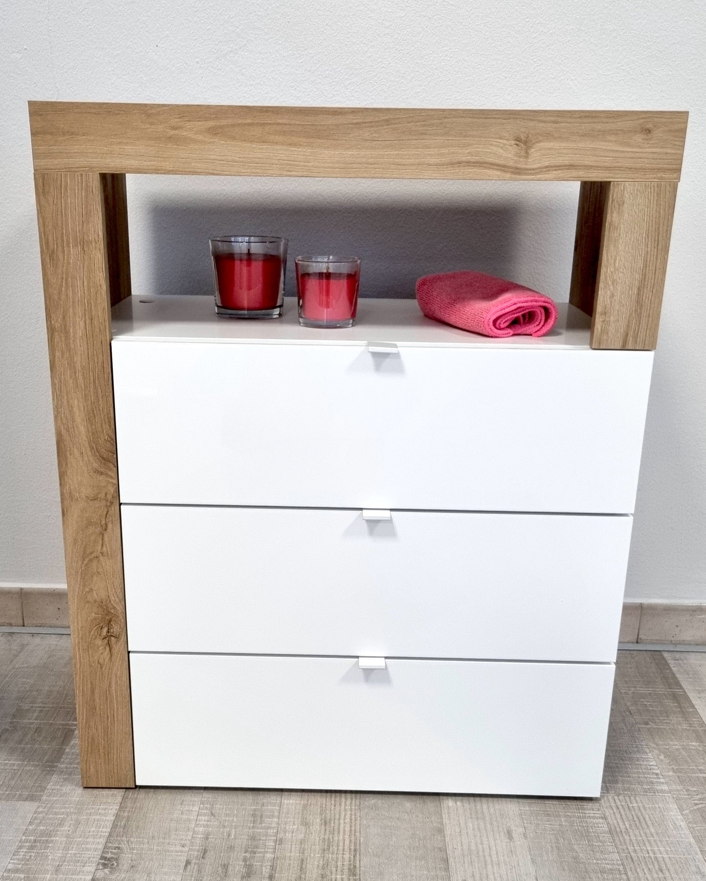 Lorenzo 3 Drawer White Gloss and Cadiz Oak Large Chest of Drawers - FurniComp