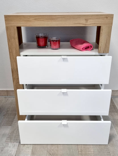 Lorenzo 3 Drawer White Gloss and Cadiz Oak Large Chest of Drawers - FurniComp