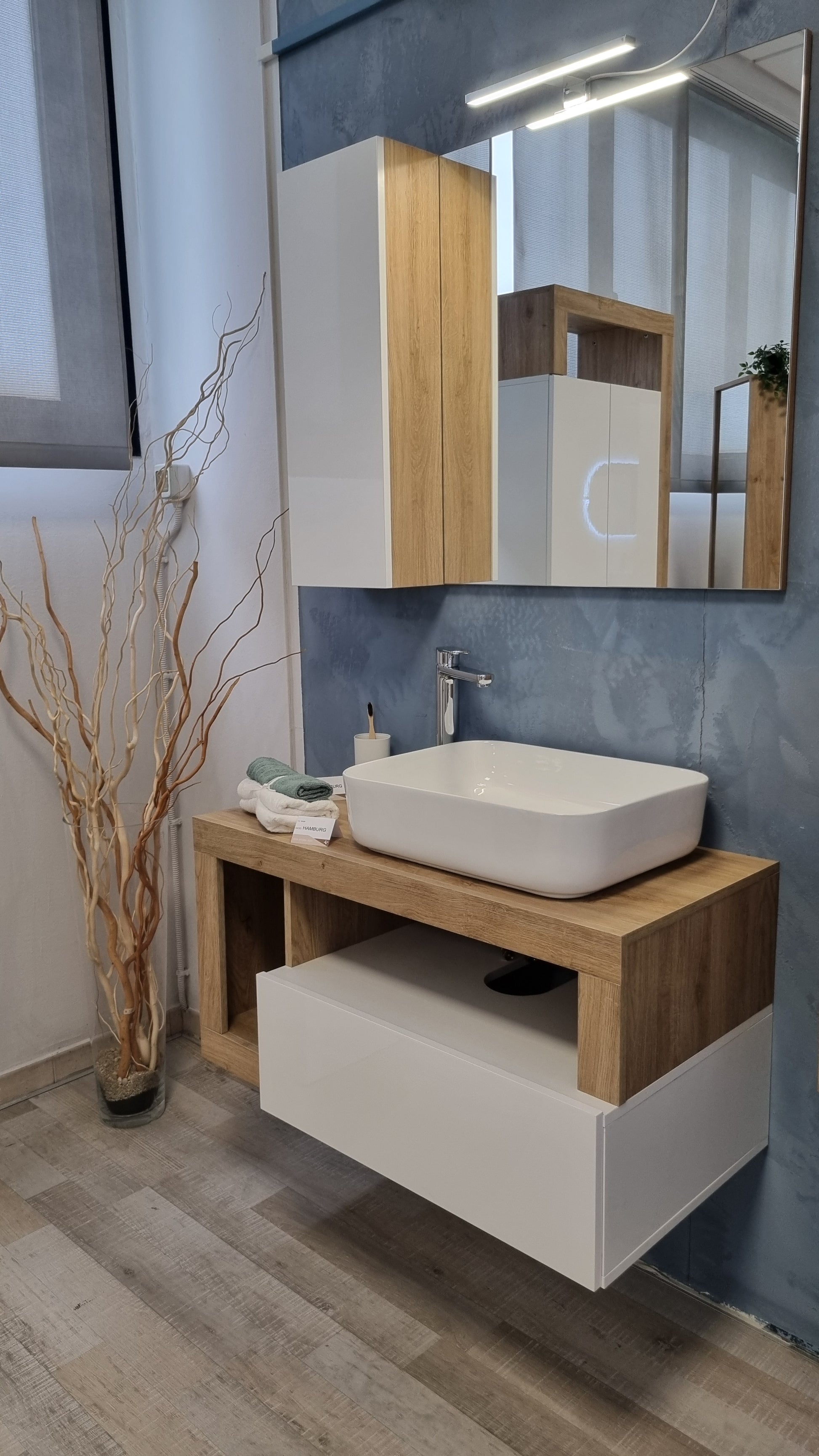 Lorenzo White Gloss & Cadiz Oak 1 Drawer 1100mm Wall Hung Vanity Unit with Basin - FurniComp