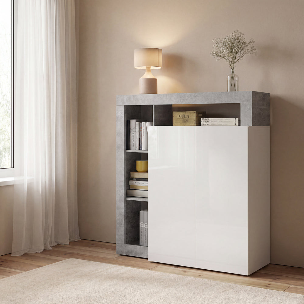 Lorenzo 2 Door White Gloss and Concrete Grey Tall Sideboard/Highboard - FurniComp