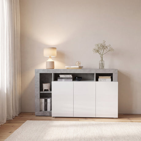 Lorenzo 3 Door White Gloss and Concrete Grey Sideboard - FurniComp