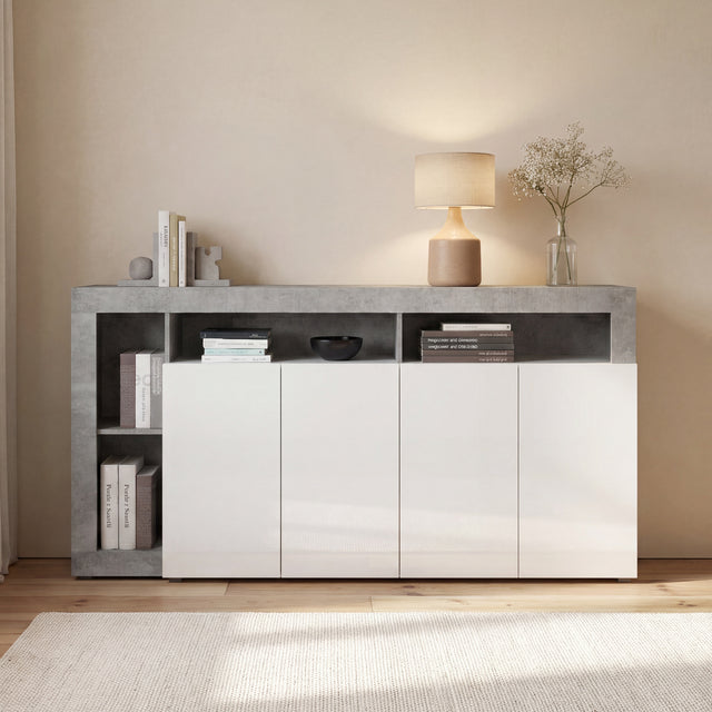 Lorenzo 4 Door White Gloss and Concrete Grey Sideboard - FurniComp