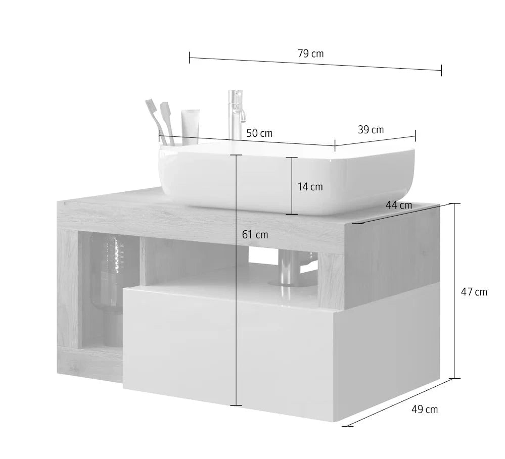 Lorenzo White Gloss & Cadiz Oak 1 Drawer 790mm Wall Hung Vanity Unit with Basin - FurniComp