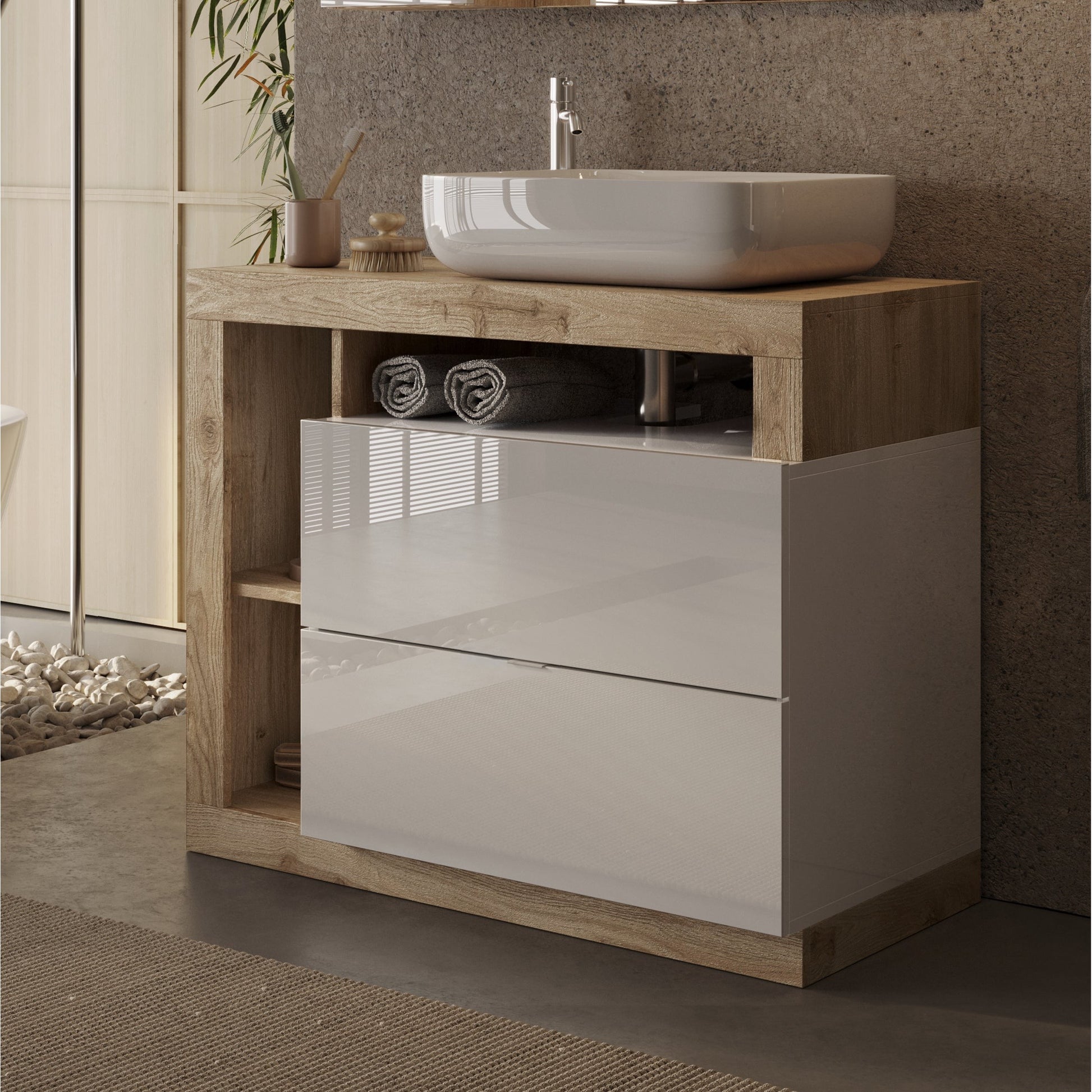 Lorenzo White Gloss & Cadiz Oak 2 Drawer 790mm Free Standing Vanity Unit with Basin - FurniComp