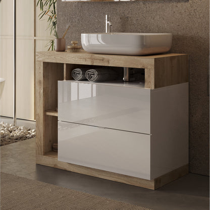 Lorenzo White Gloss & Cadiz Oak 2 Drawer 790mm Free Standing Vanity Unit with Basin - FurniComp