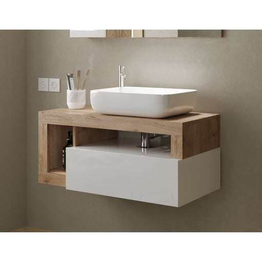 Lorenzo White Gloss & Cadiz Oak 1 Drawer 920mm Wall Hung Vanity Unit with Basin - FurniComp