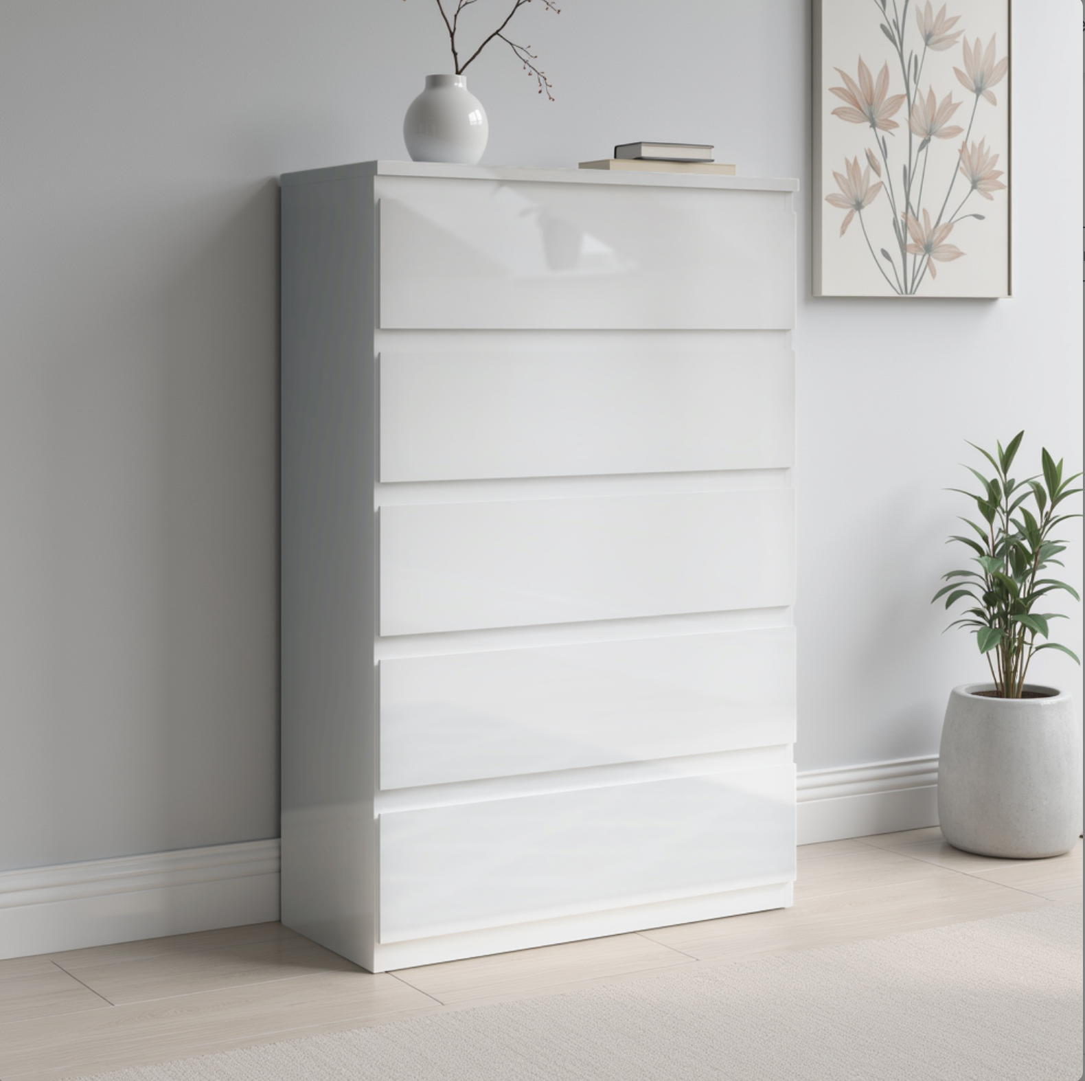 Alaska 5 Drawer Wide Chest of Drawers - White Gloss - FurniComp