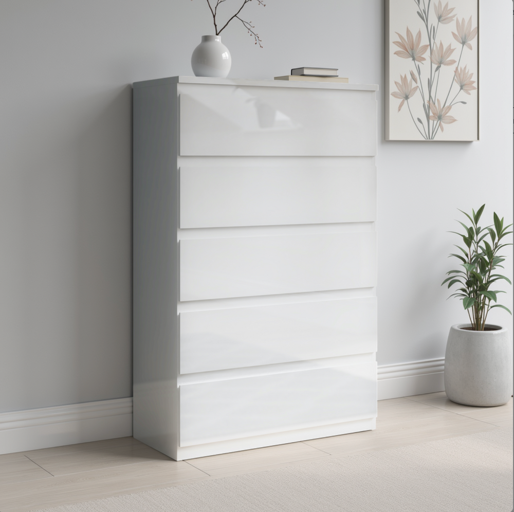 Alaska 5 Drawer Wide Chest of Drawers - White Gloss - FurniComp