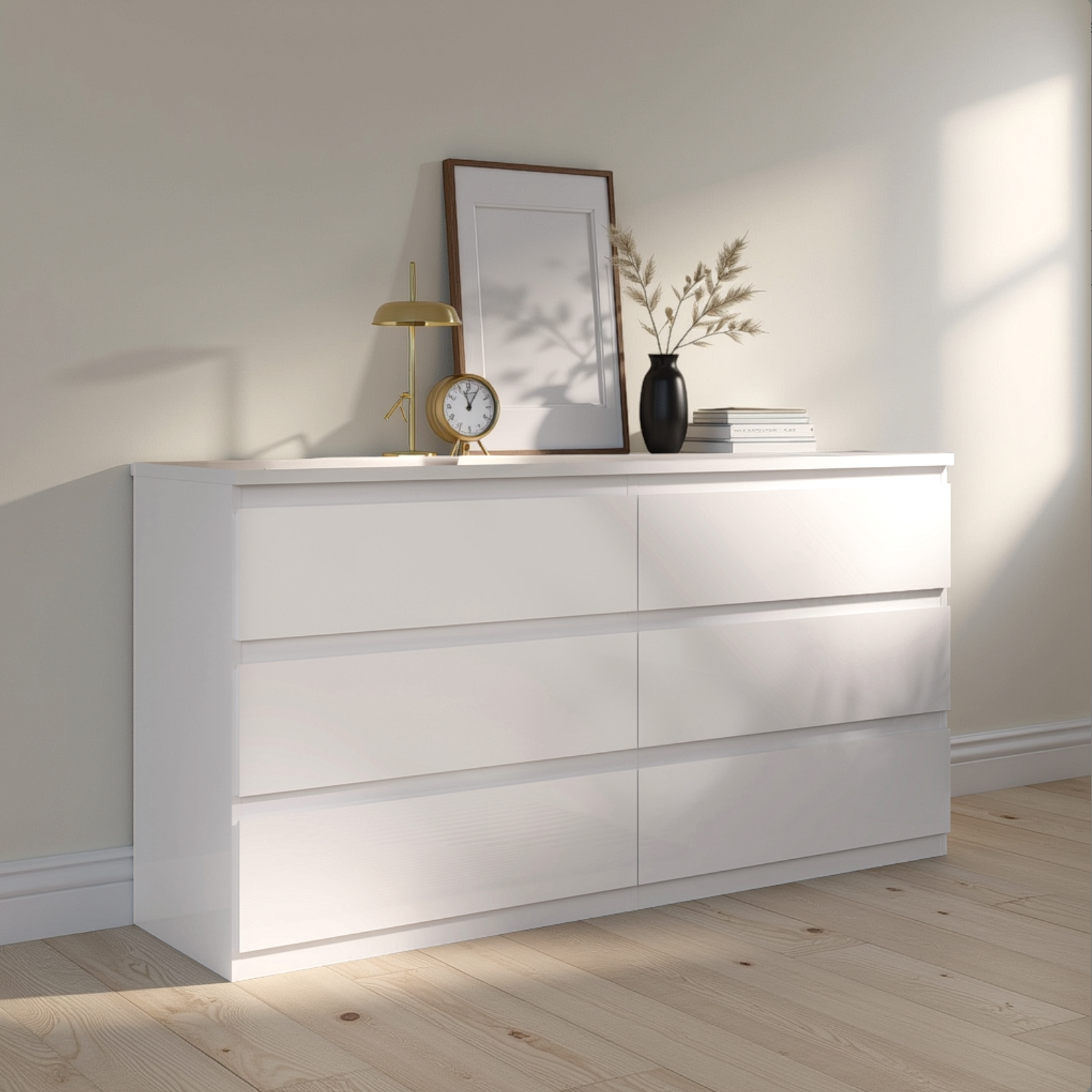 Alaska 6 Drawer Wide Chest of Drawers - White Gloss - FurniComp