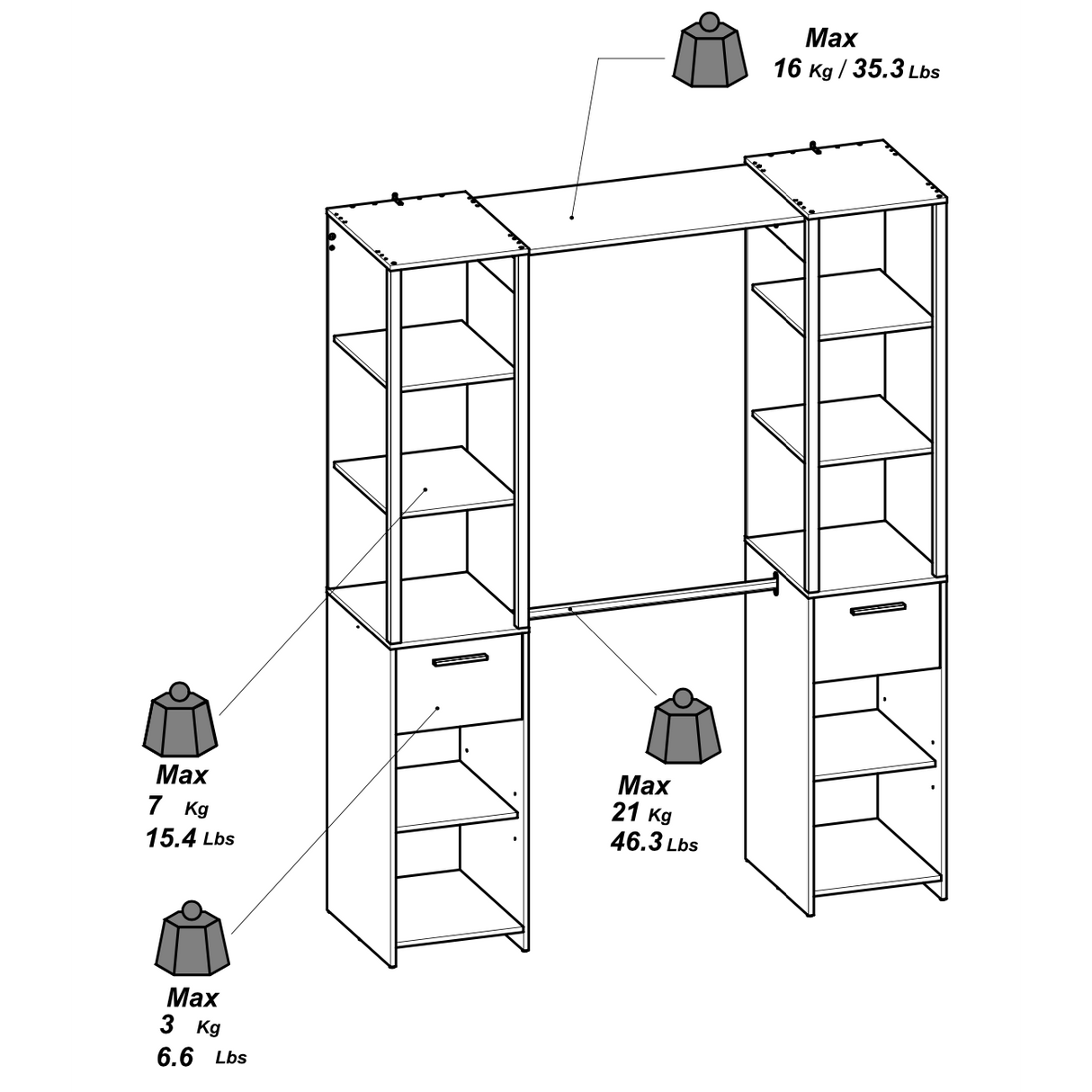Alma 2 Drawer Open Wardrobe with Shelves and Rail - Black & Oak - FurniComp