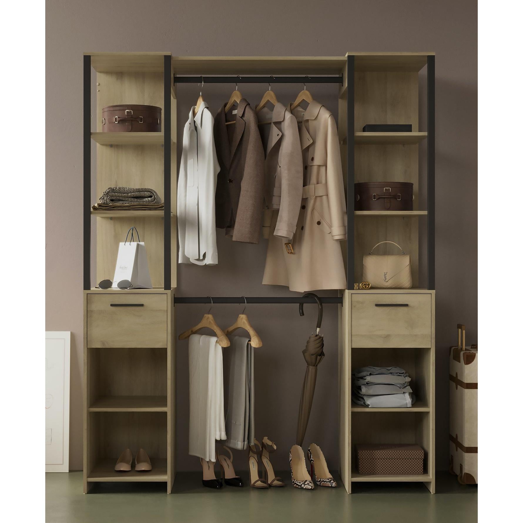 Alma 2 Drawer Open Wardrobe with Shelves and Rail - Black & Oak - FurniComp