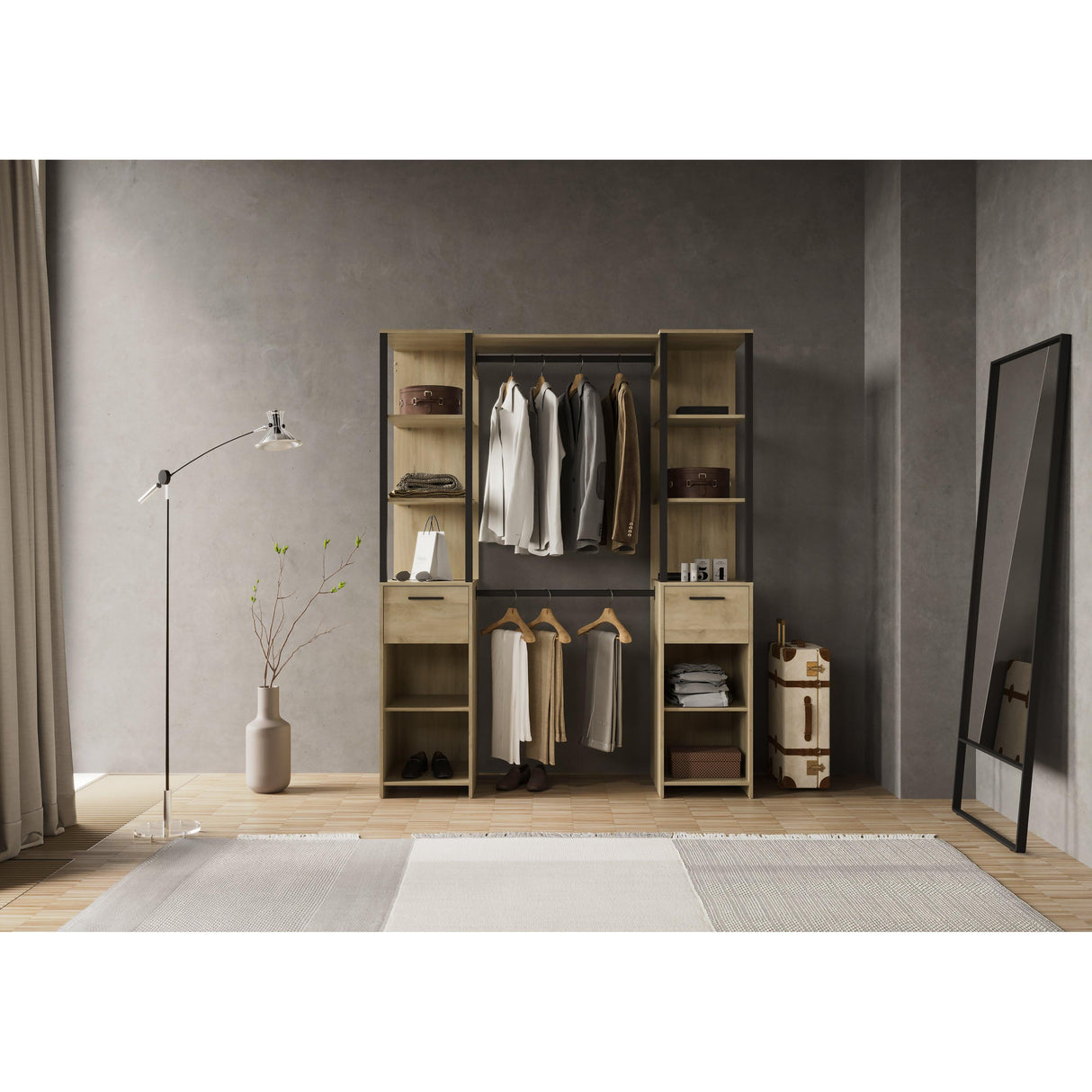 Alma 2 Drawer Open Wardrobe with Shelves and Rail - Black & Oak - FurniComp