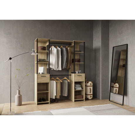 Alma 2 Drawer Open Wardrobe with Shelves and Rail - Black & Oak - FurniComp