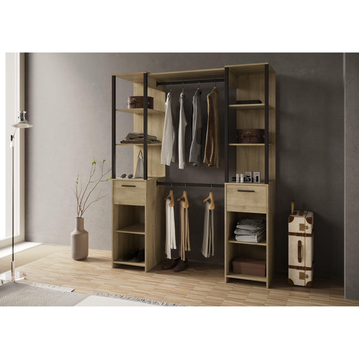 Alma 2 Drawer Open Wardrobe with Shelves and Rail - Black & Oak - FurniComp