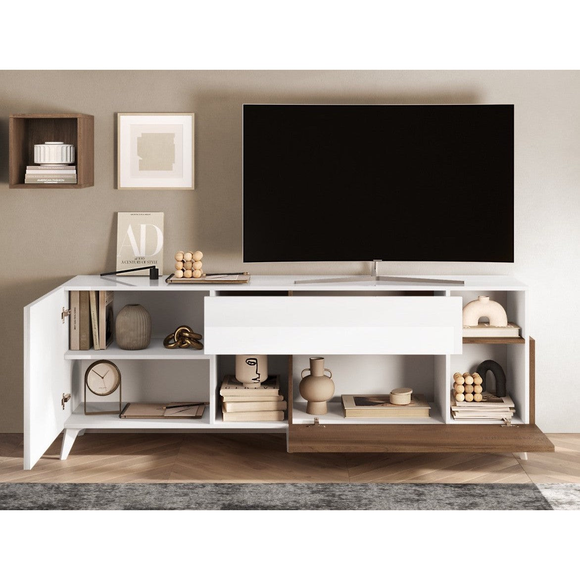 Amalfi 2 Door 1 Drawer White Gloss and Mercure Oak TV Stand - FurniComp