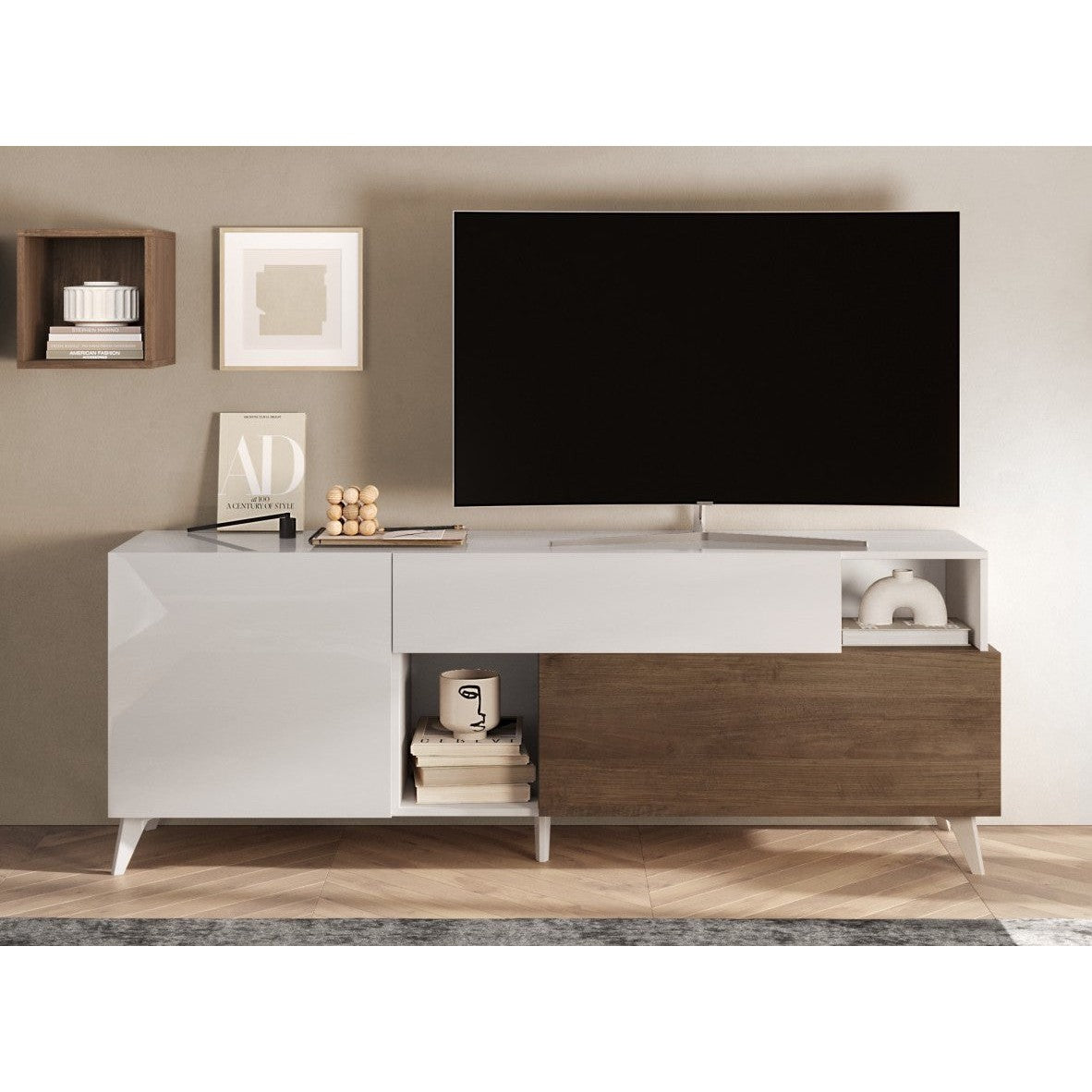 Amalfi 2 Door 1 Drawer White Gloss and Mercure Oak TV Stand - FurniComp