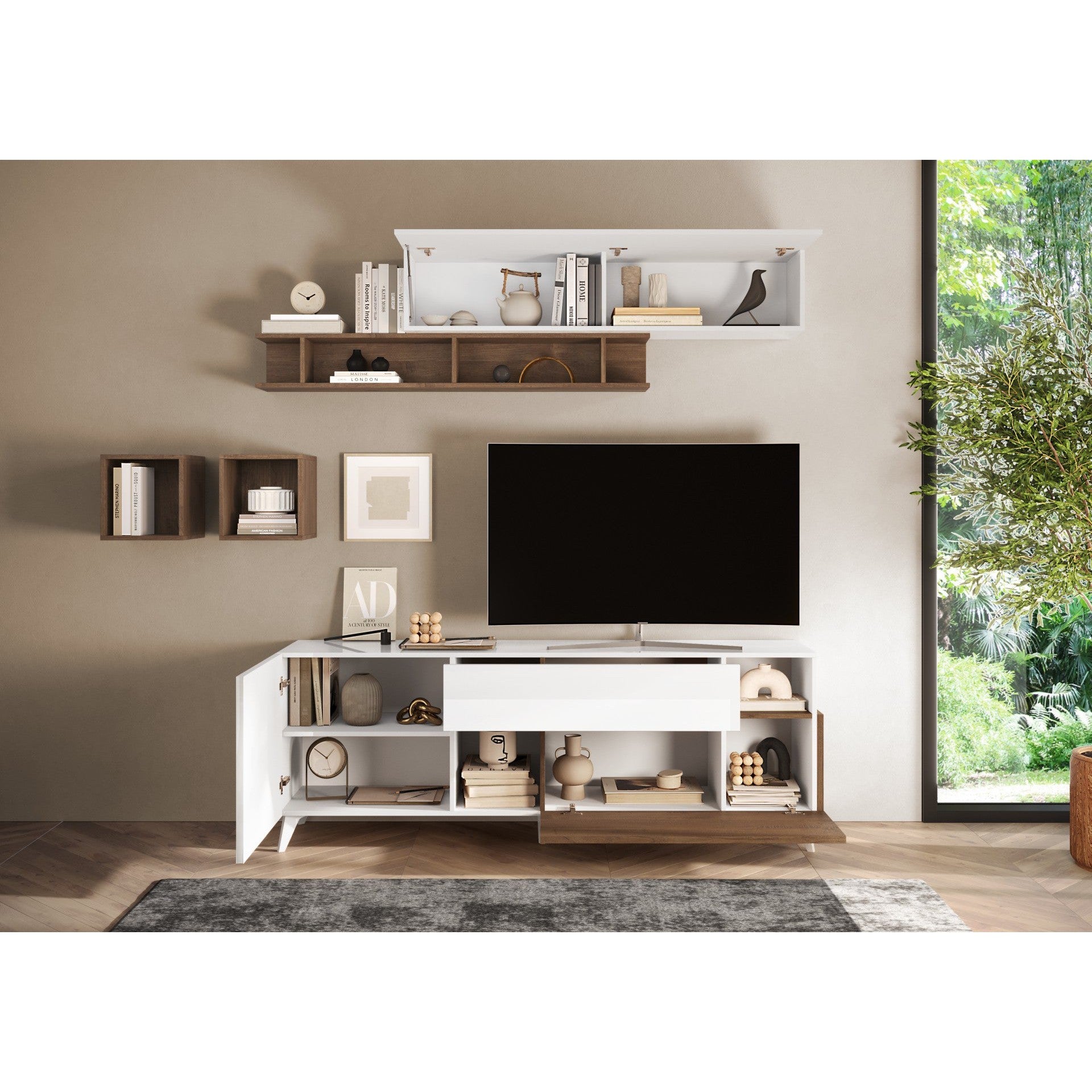 Amalfi 2 Door 1 Drawer White Gloss and Mercure Oak TV Stand - FurniComp