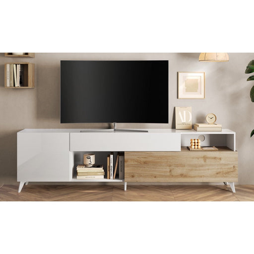 Amalfi 2 Door 1 Drawer White Gloss and Cadiz Oak Large TV Stand - FurniComp