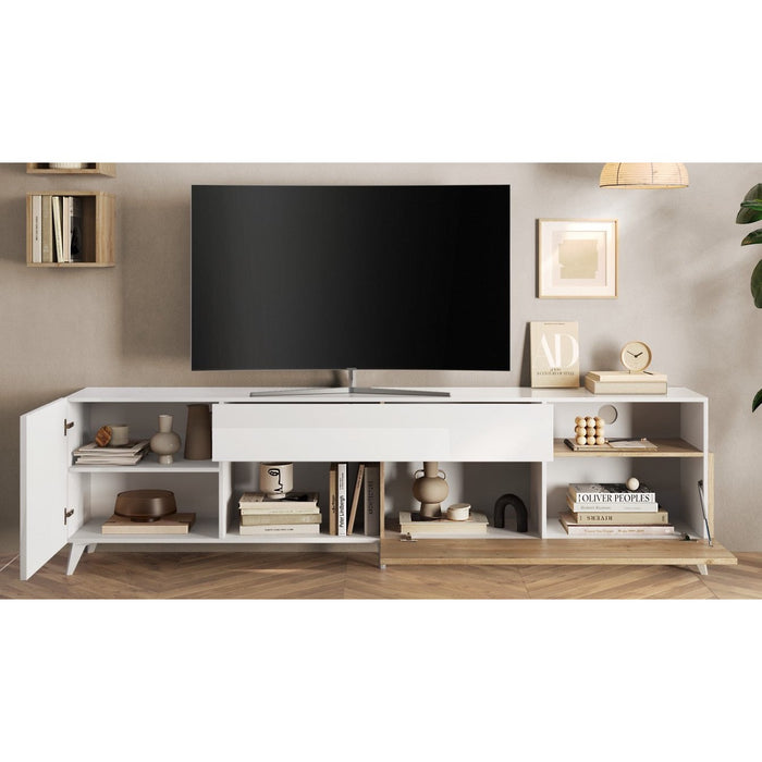 Amalfi 2 Door 1 Drawer White Gloss and Cadiz Oak Large TV Stand - FurniComp