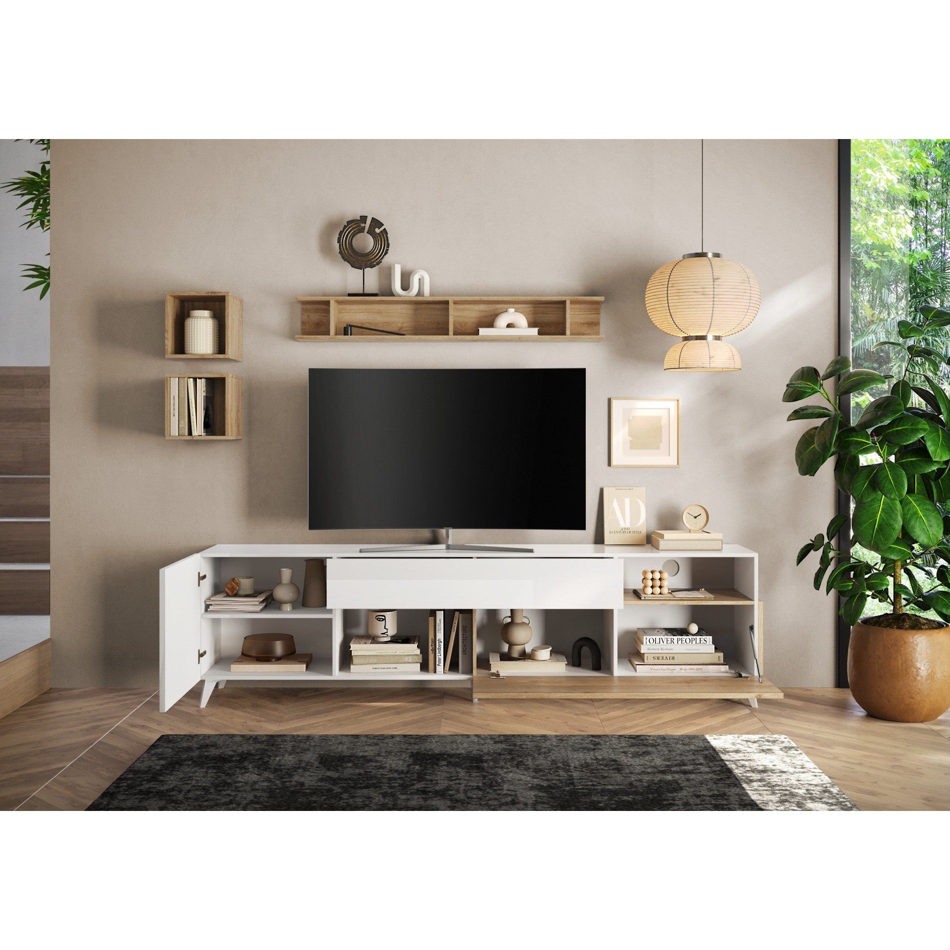 Amalfi 2 Door 1 Drawer White Gloss and Cadiz Oak Large TV Stand - FurniComp