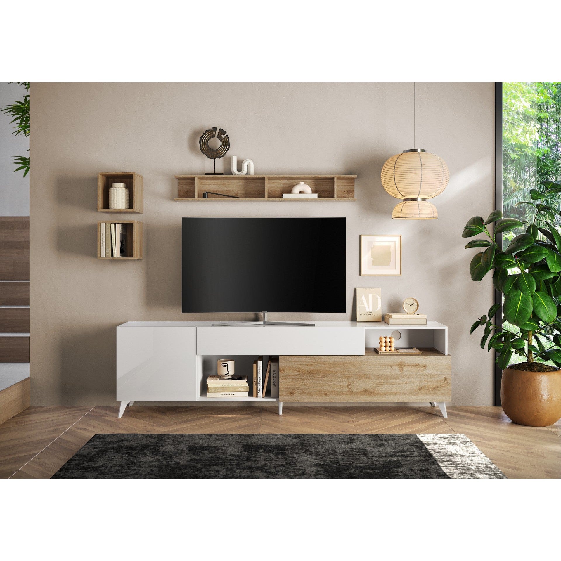 Amalfi 2 Door 1 Drawer White Gloss and Cadiz Oak Large TV Stand - FurniComp