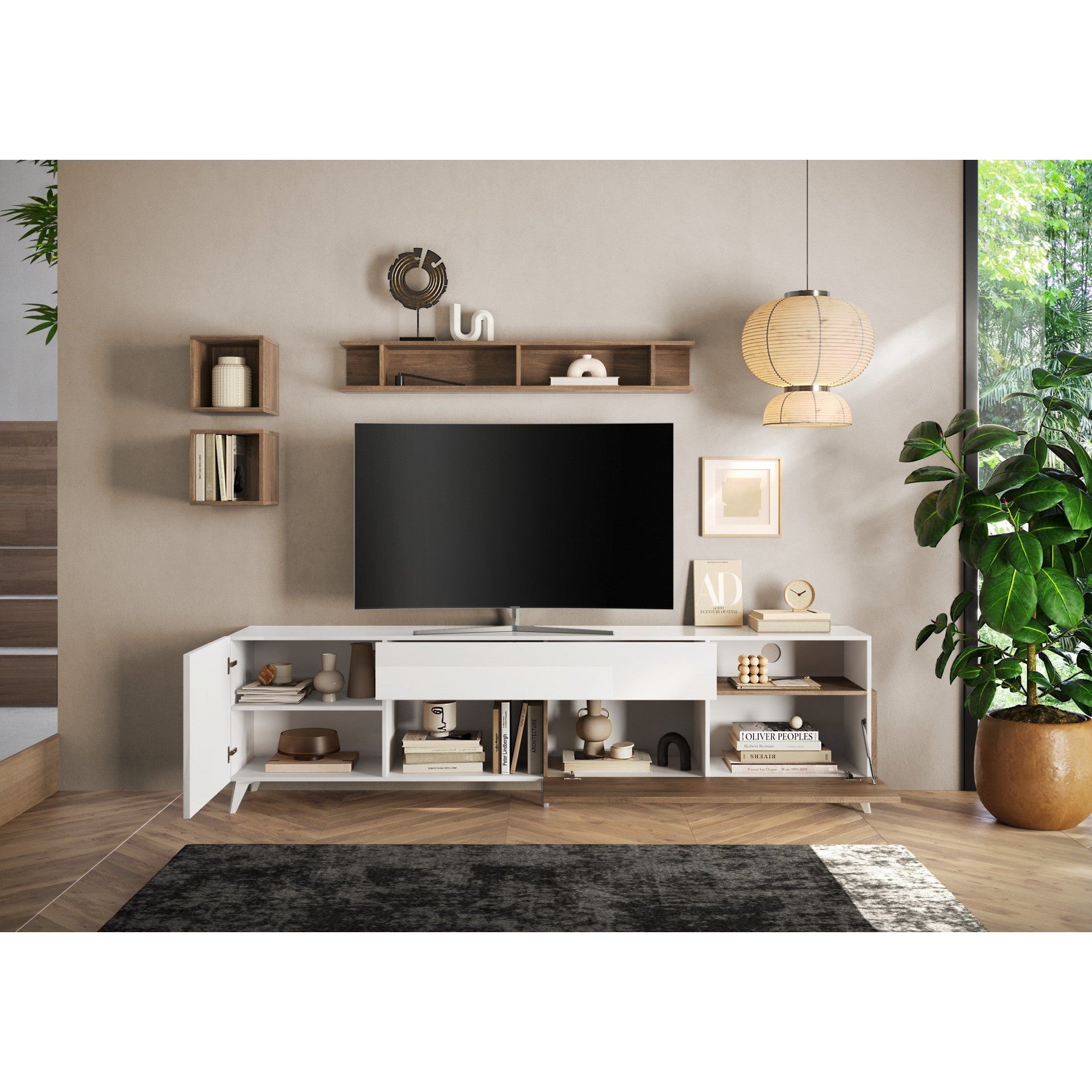 Amalfi 2 Door 1 Drawer White Gloss and Mercure Oak Large TV Stand - FurniComp