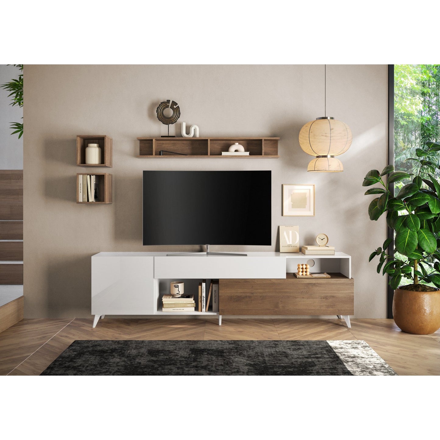 Amalfi 2 Door 1 Drawer White Gloss and Mercure Oak Large TV Stand - FurniComp