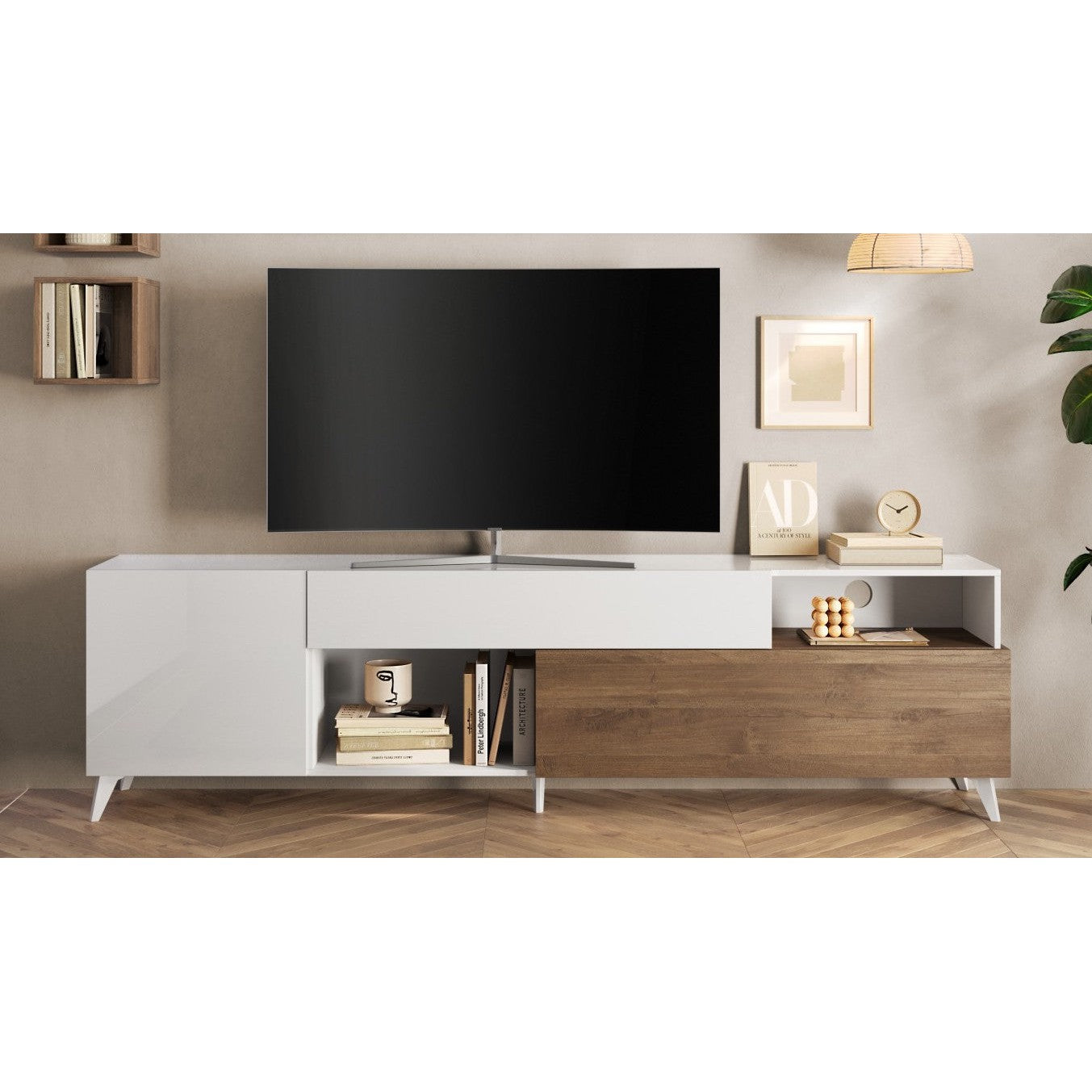 Amalfi 2 Door 1 Drawer White Gloss and Mercure Oak Large TV Stand - FurniComp