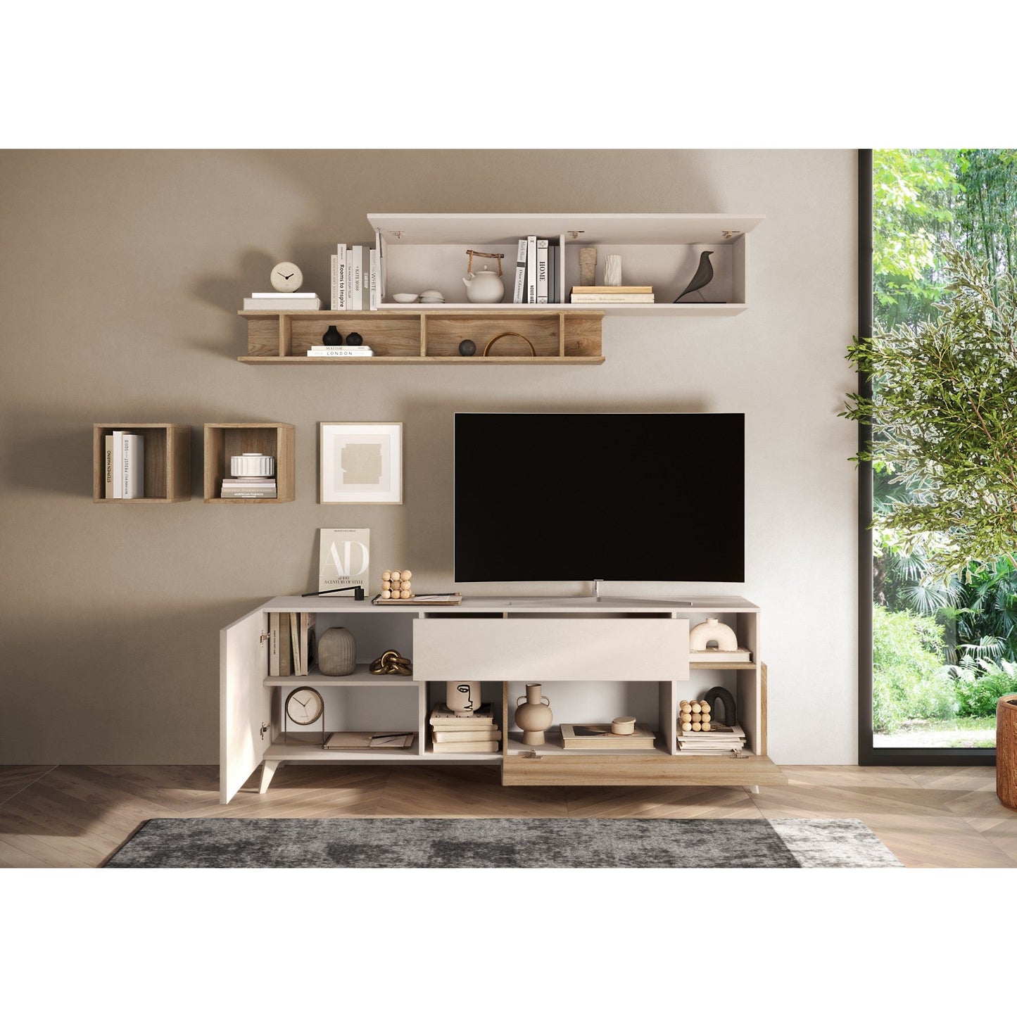 Amalfi 2 Door 1 Drawer Cashmere and Cadiz Oak TV Stand - FurniComp