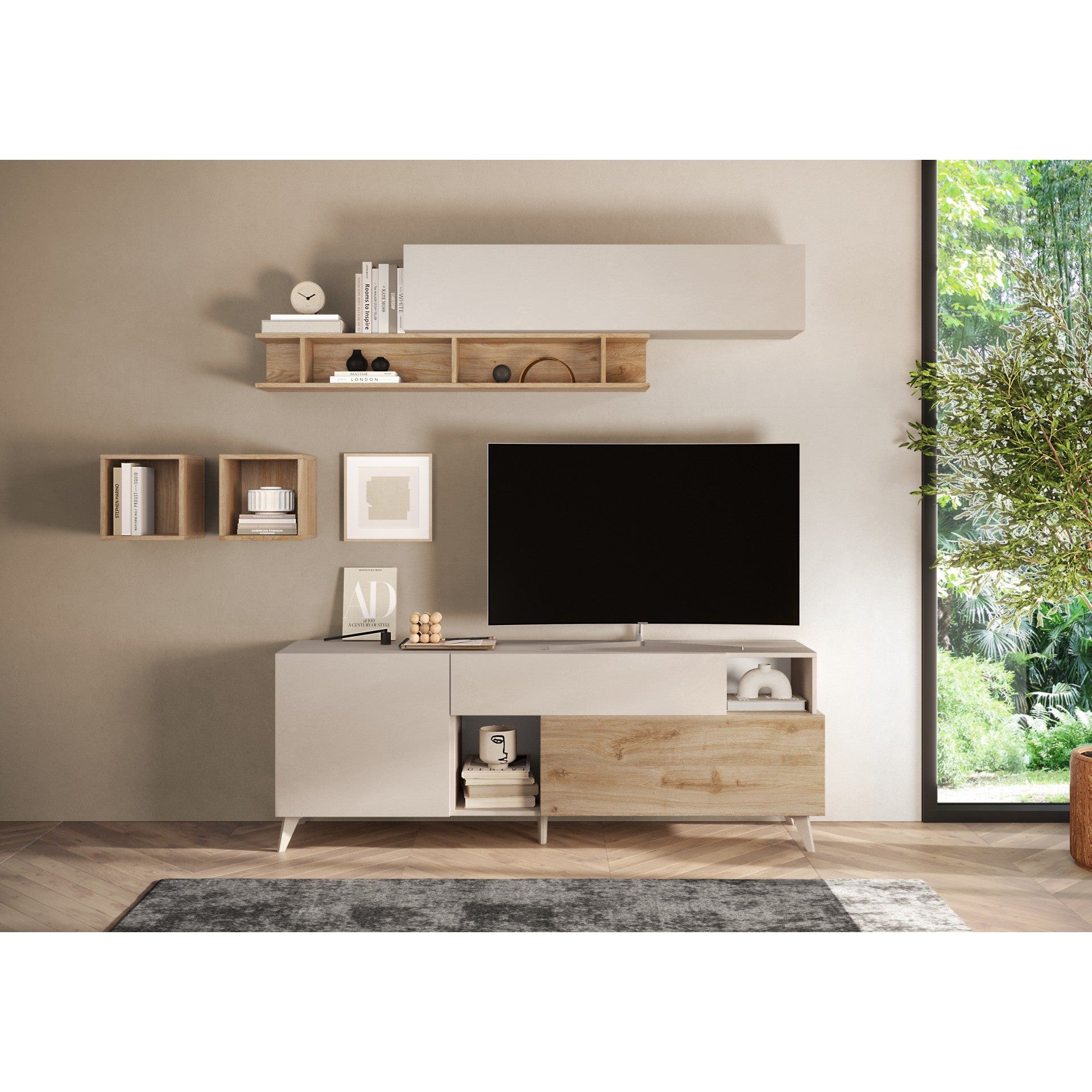 Amalfi 2 Door 1 Drawer Cashmere and Cadiz Oak TV Stand - FurniComp