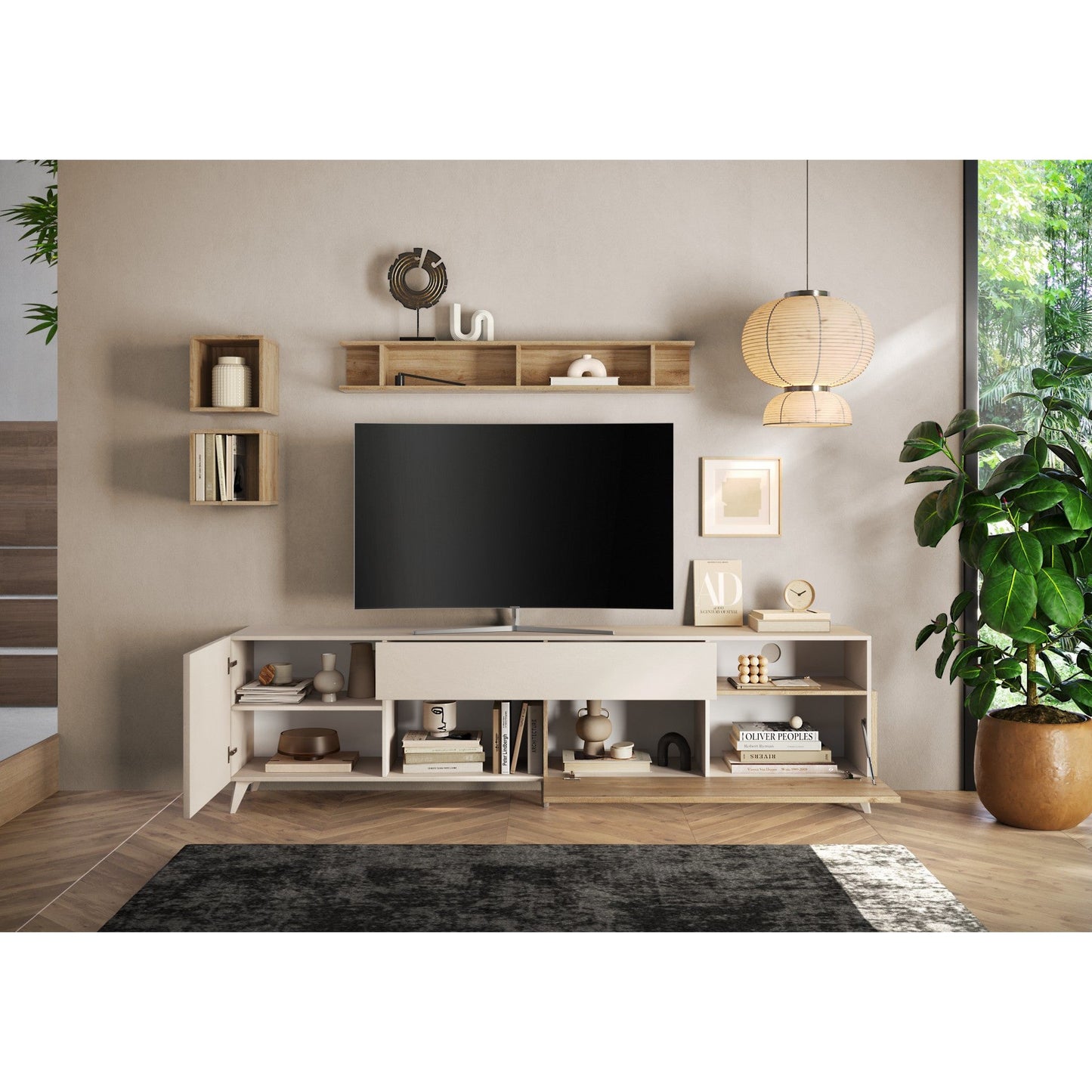 Amalfi 2 Door 1 Drawer Cashmere and Cadiz Oak Large TV Stand - FurniComp