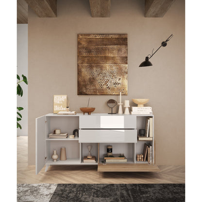 Amalfi 2 Door 2 Drawer White Gloss and Cadiz Oak Sideboard - FurniComp