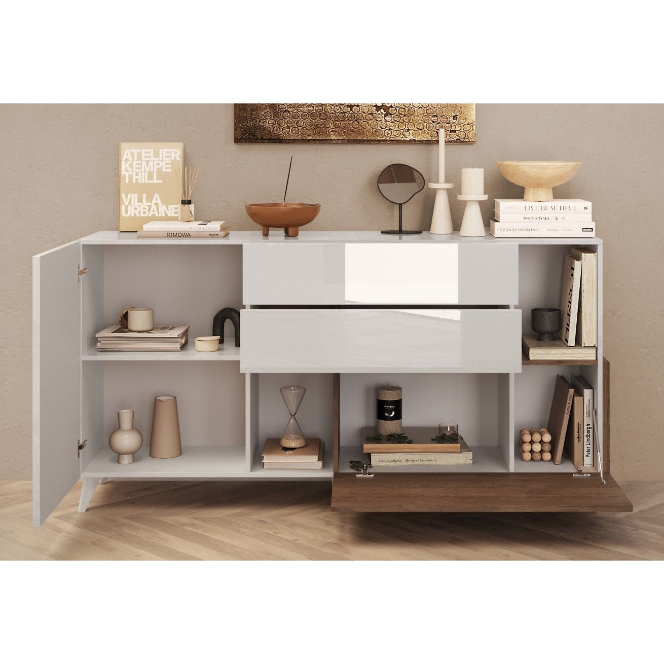 Amalfi 2 Door 2 Drawer White Gloss and Mercure Oak Sideboard - FurniComp