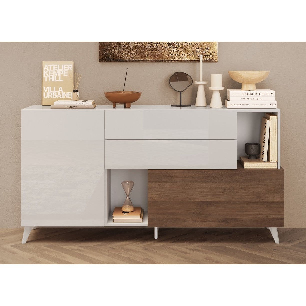 Amalfi 2 Door 2 Drawer White Gloss and Mercure Oak Sideboard - FurniComp