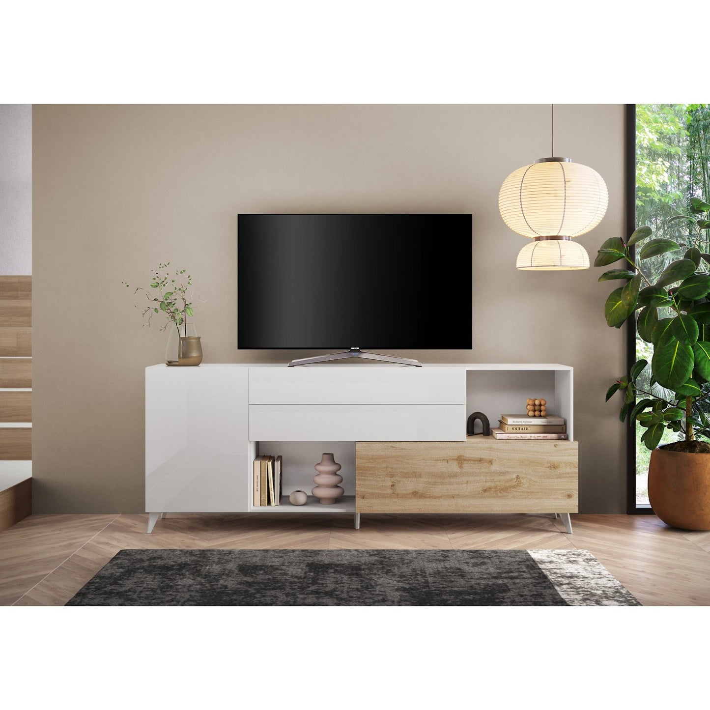 Amalfi 2 Door 2 Drawer White Gloss and Cadiz Oak Large Sideboard - FurniComp