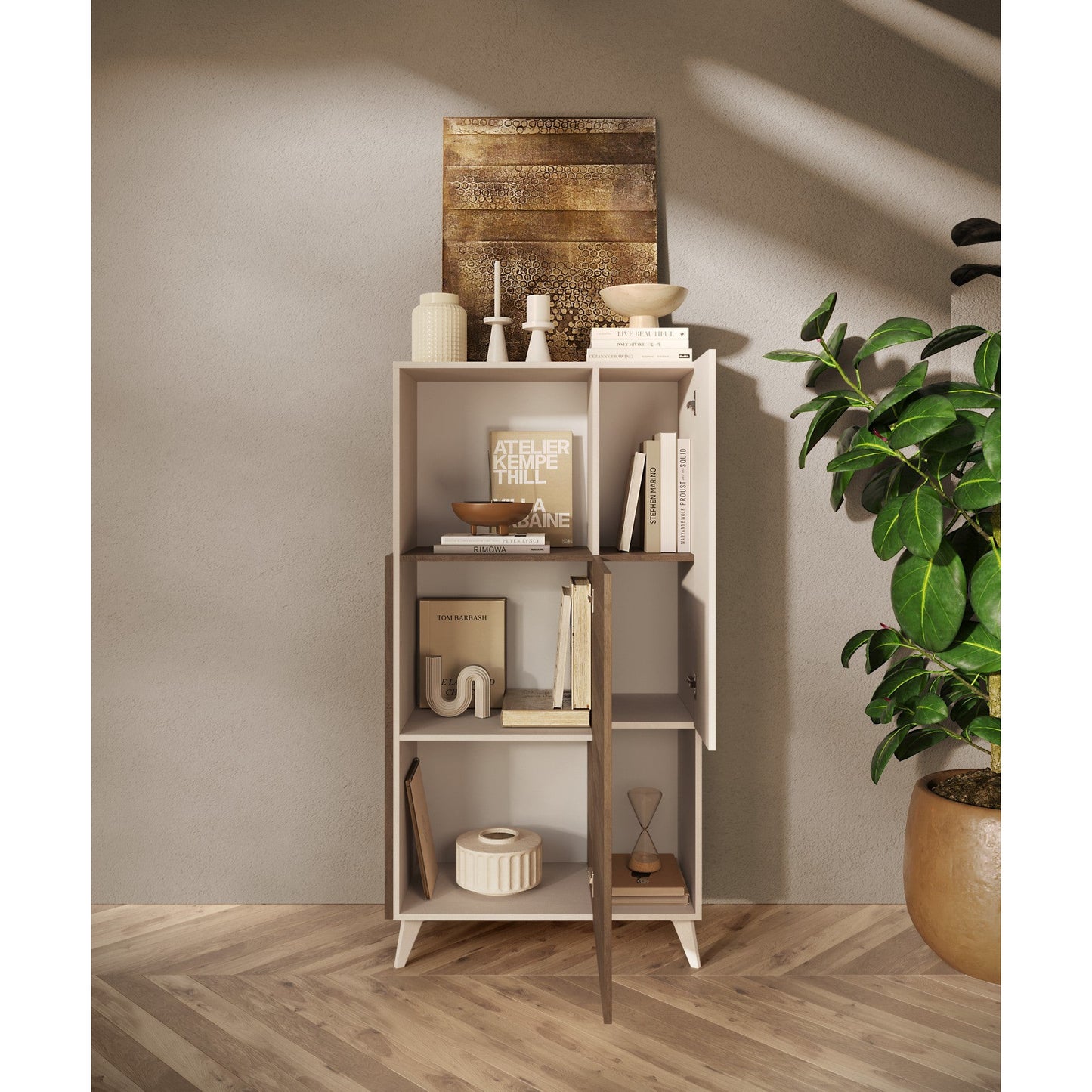 Amalfi 2 Door Cashmere and Mercure Oak Tall Sideboard/Highboard - FurniComp