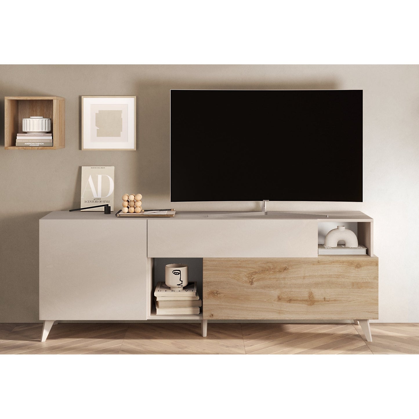 Amalfi 2 Door 1 Drawer Cashmere and Cadiz Oak TV Stand - FurniComp