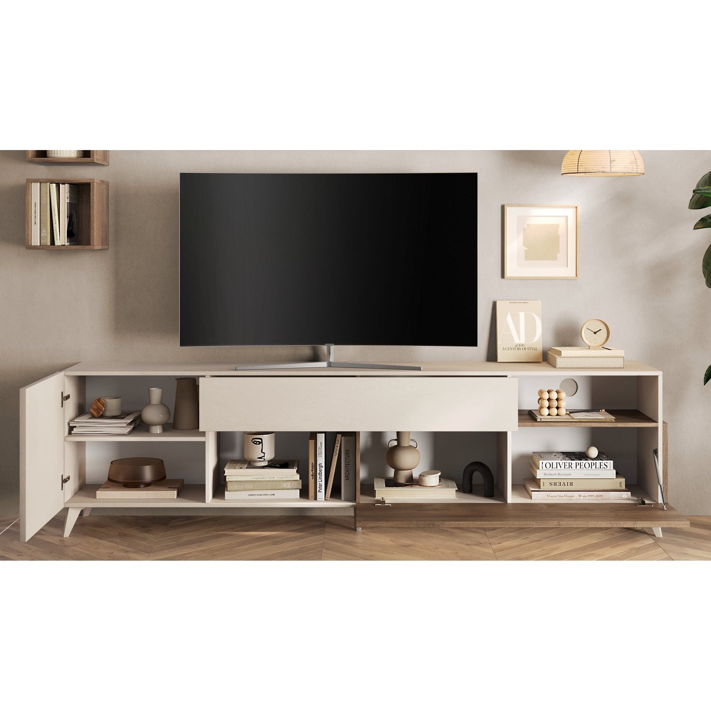 Amalfi 2 Door 1 Drawer Cashmere and Mercure Oak Large TV Stand - FurniComp