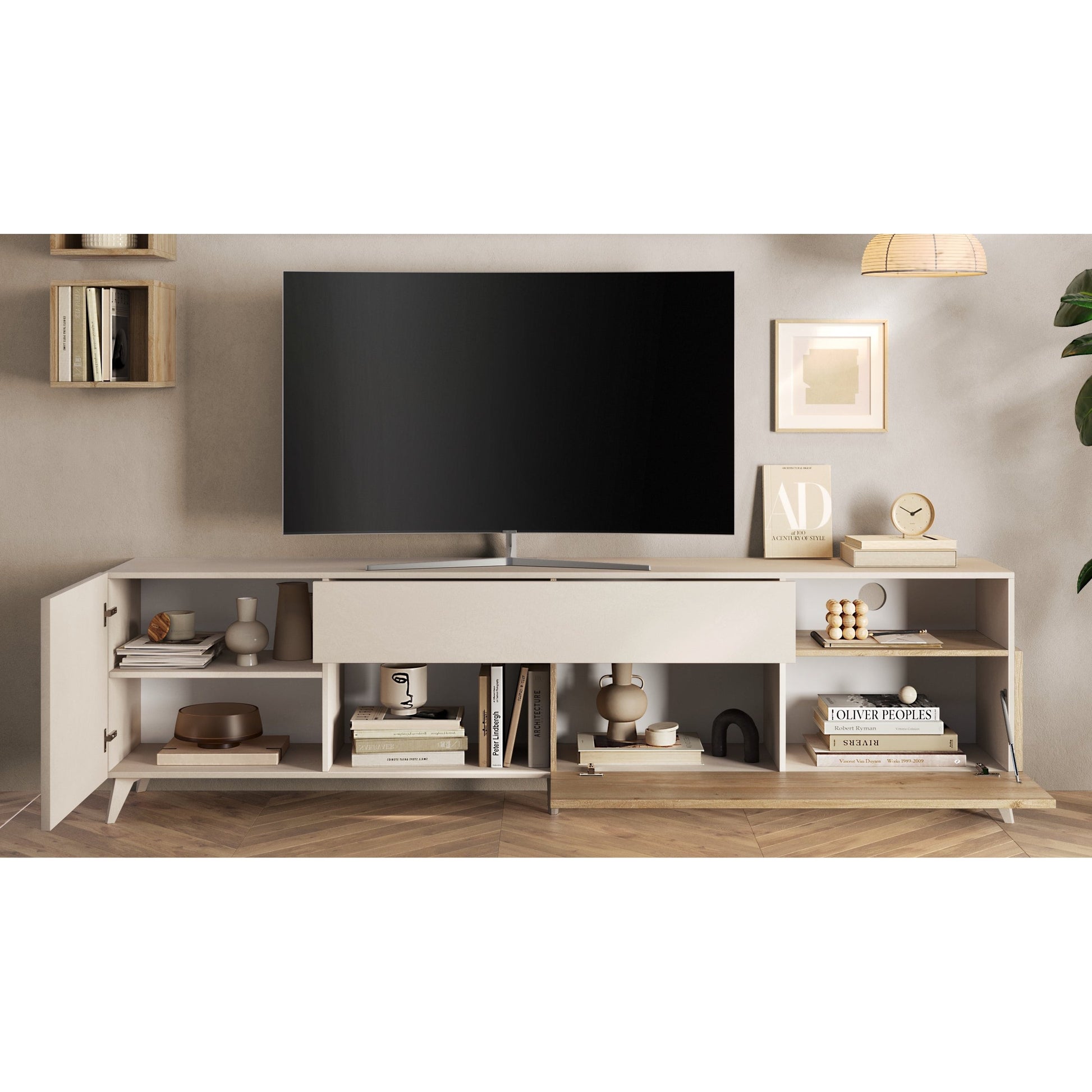 Amalfi 2 Door 1 Drawer Cashmere and Cadiz Oak Large TV Stand - FurniComp