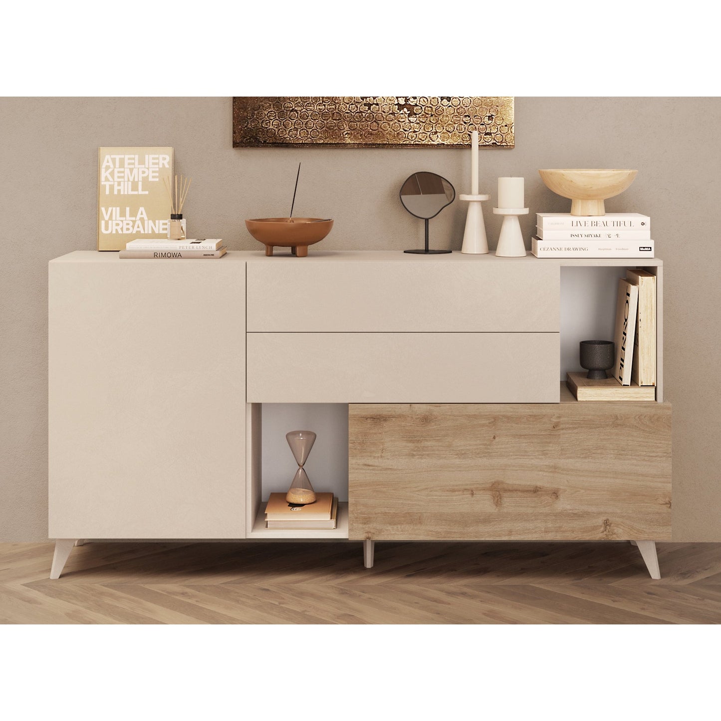 Amalfi 2 Door 2 Drawer Cashmere and Cadiz Oak Sideboard - FurniComp