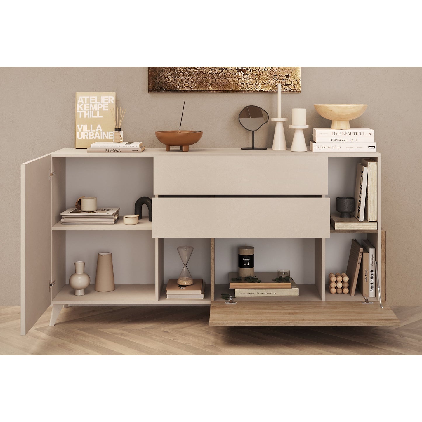 Amalfi 2 Door 2 Drawer Cashmere and Cadiz Oak Sideboard - FurniComp