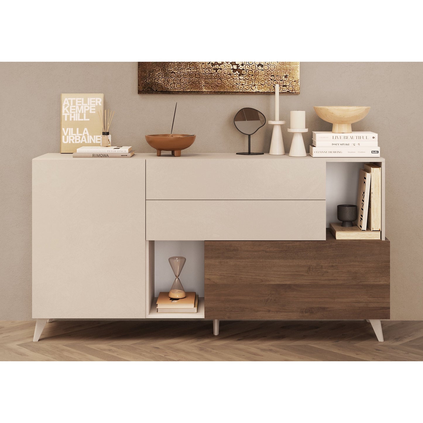 Amalfi 2 Door 2 Drawer Cashmere and Mercure Oak Sideboard - FurniComp