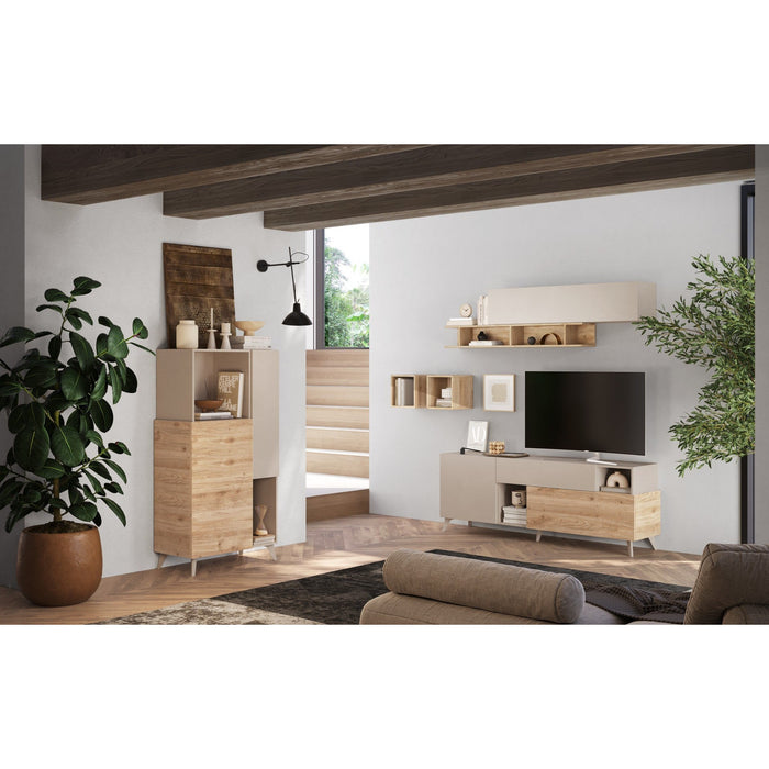 Amalfi 2 Door Cashmere and Cadiz Oak Tall Sideboard/Highboard - FurniComp