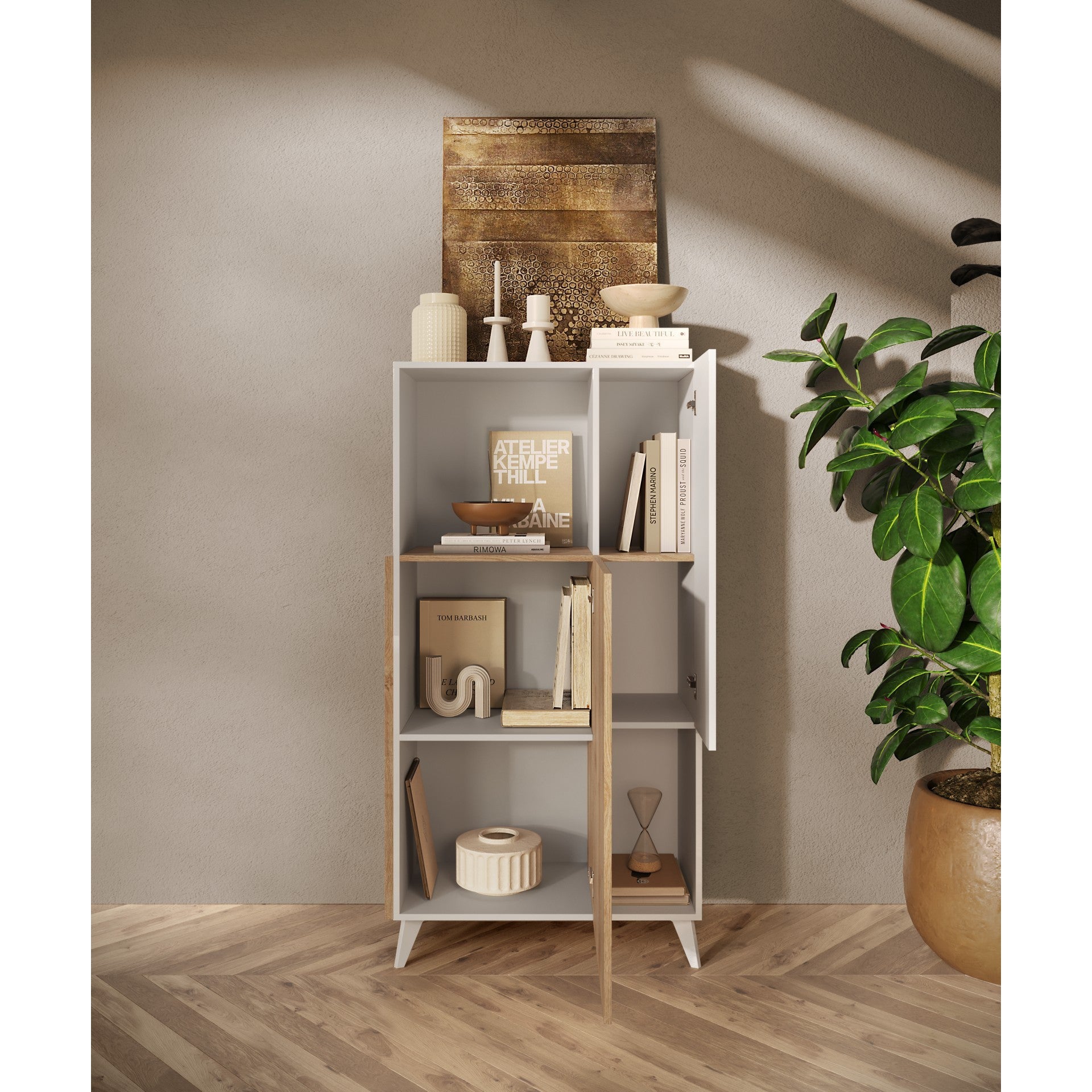 Amalfi 2 Door White Gloss and Cadiz Oak Tall Sideboard/Highboard - FurniComp