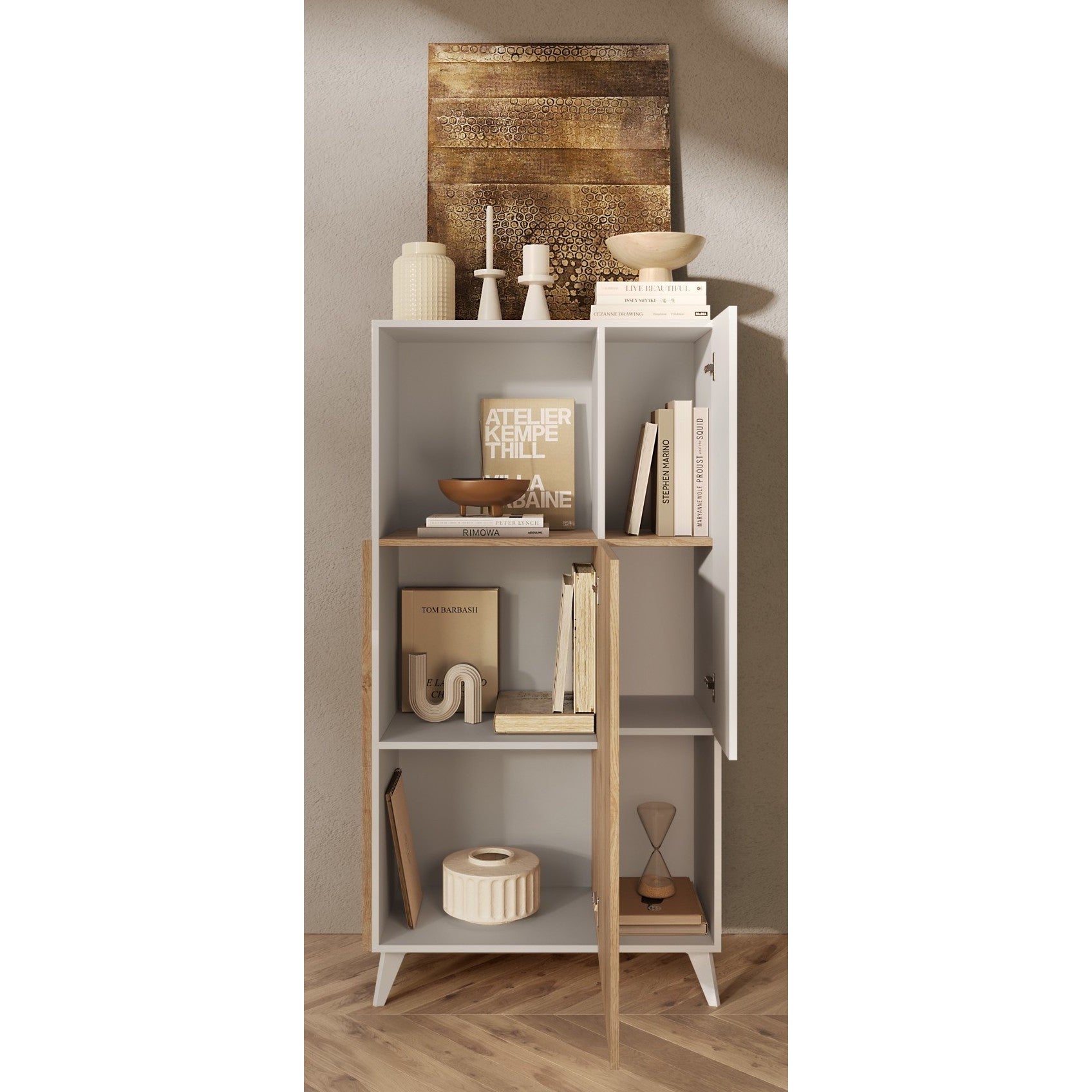 Amalfi 2 Door White Gloss and Cadiz Oak Tall Sideboard/Highboard - FurniComp